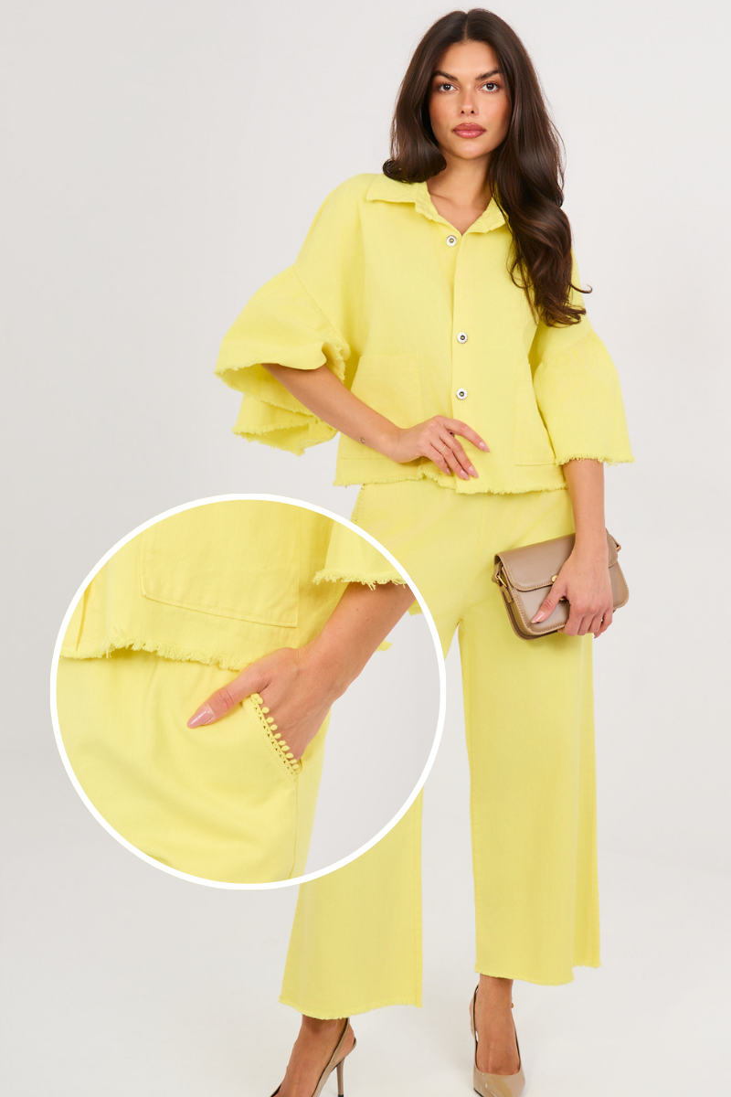 dámsky nohavicový dvojdielny komplet z rifľoviny žltý